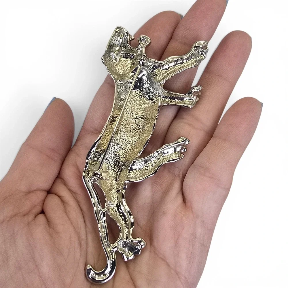 Vintage Silver Tone Tiger Brooch Black Enamel Rhinestone Green Eye Animal Pin 4